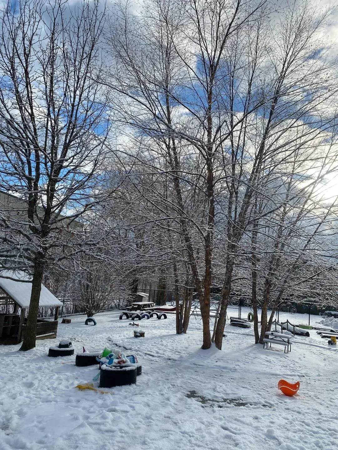 The Bigelow playground covered in fresh snow on a bright winter day